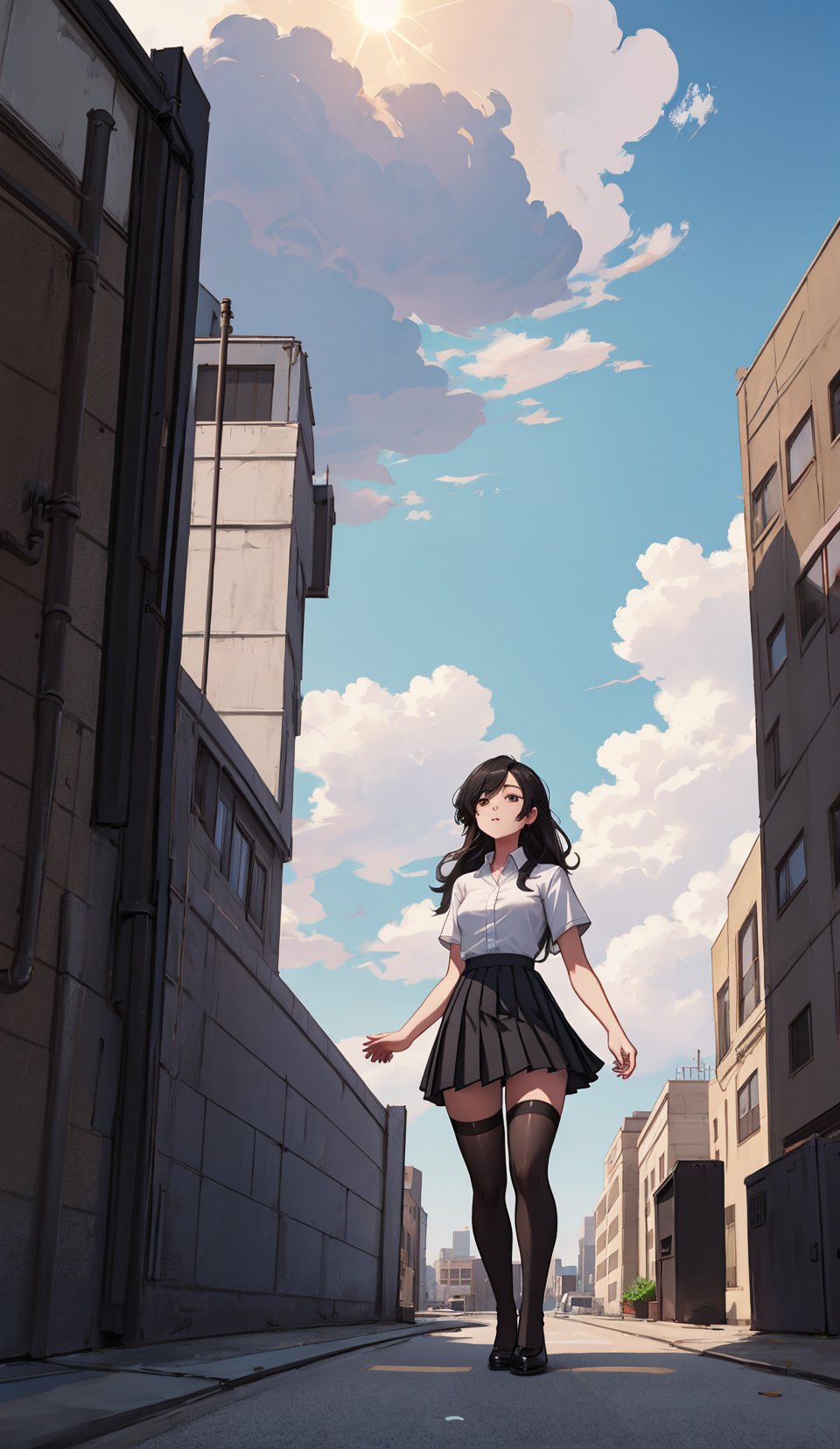 00444-1226553035-1girl, solo, full body, black pleated skirt, (black thigh highs), white shirt, short sleeves, long hair, blue sky, clouds, stand.jpg